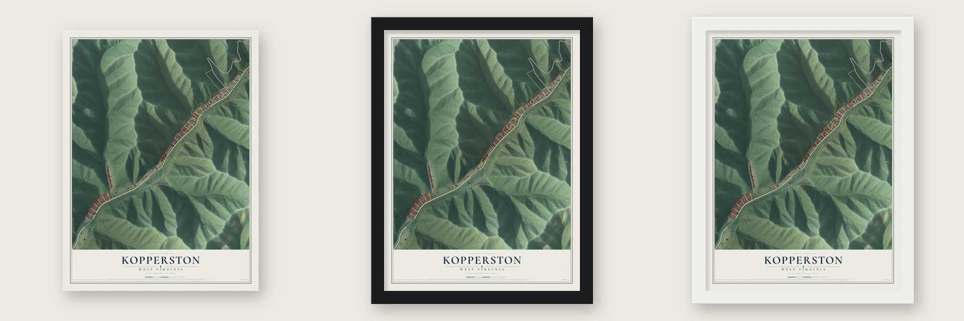Kopperston, West Virginia map unframed, in a black wood frame and in a white wood frame