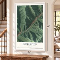 Kopperston, West Virginia map, 24 x 36 inch print in a white frame by a staircase