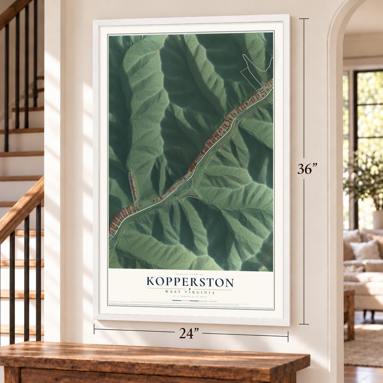 Kopperston, West Virginia map, 24 x 36 inch print in a white frame by a staircase