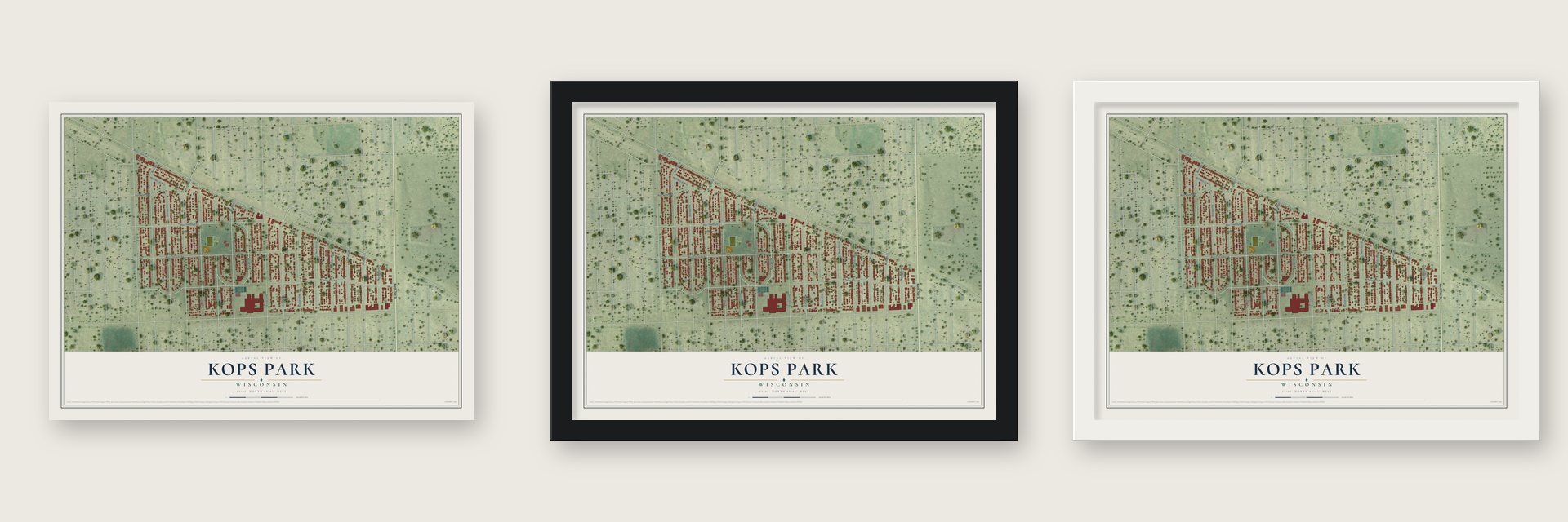 Kops Park, Wisconsin map unframed, in a black wood frame and in a white wood frame