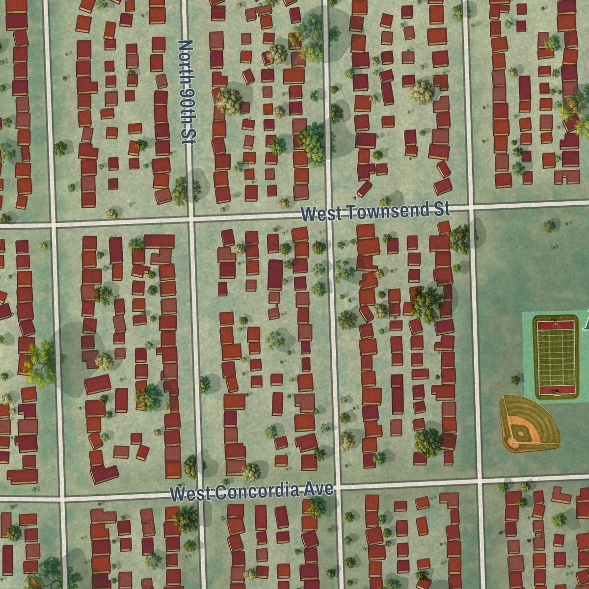 Second close-up of the map of Kops Park, Wisconsin print showing more streets and buildings