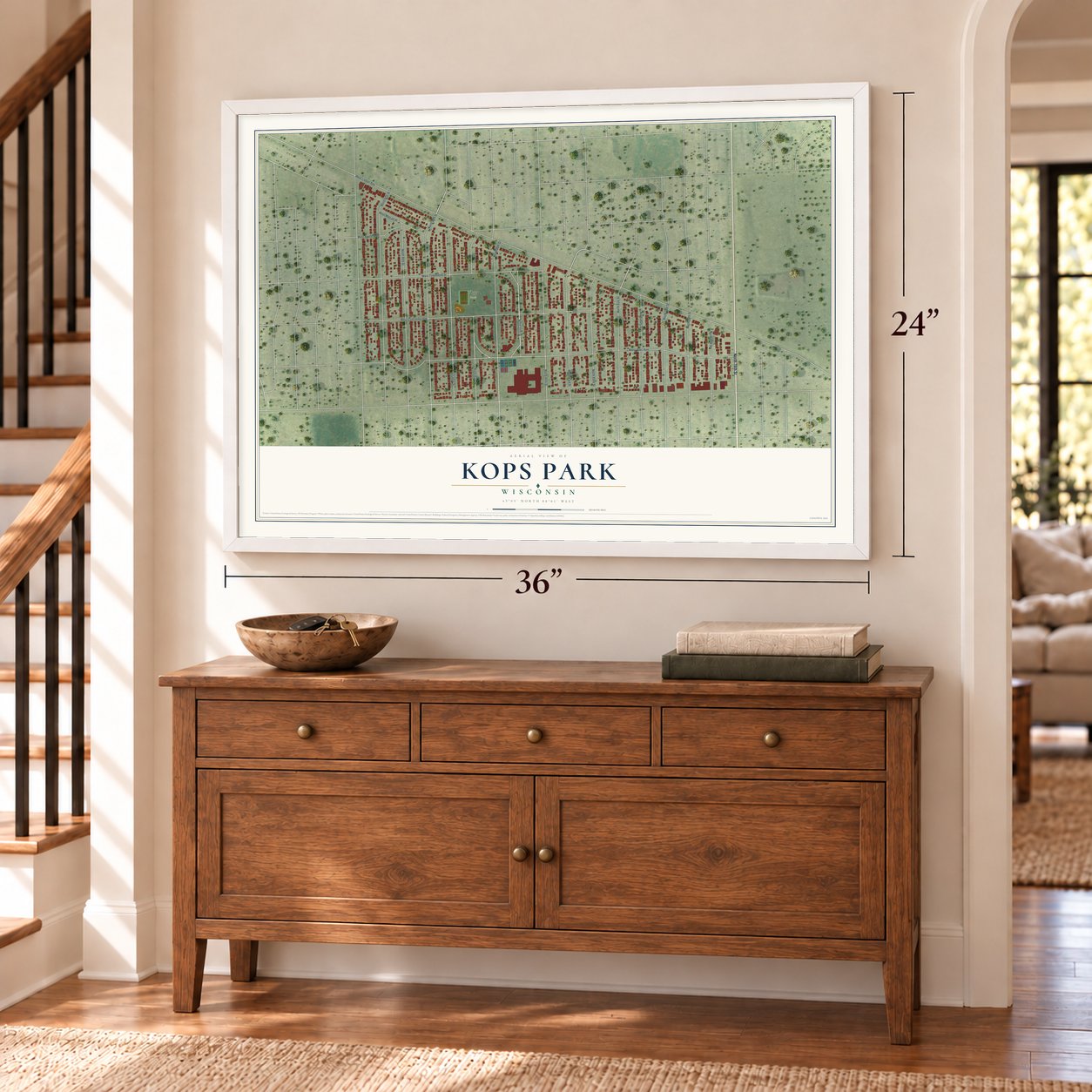 Kops Park, Wisconsin map, 24 x 36 inch print in a white frame above a dresser by a staircase