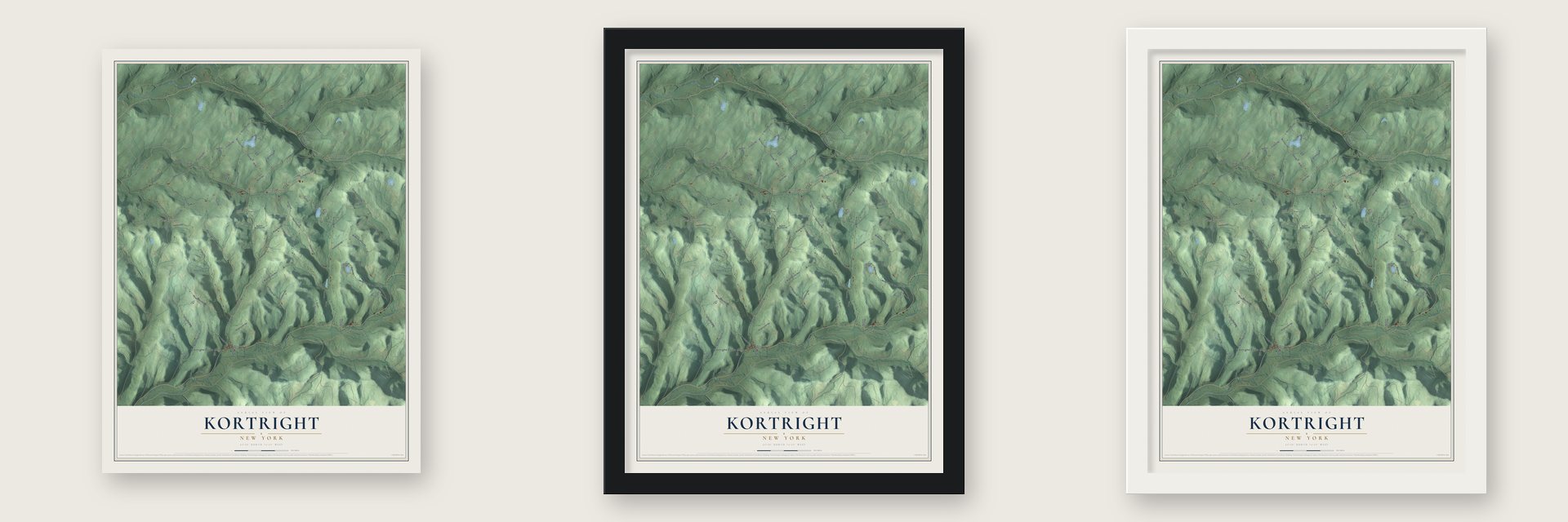 Kortright, New York map unframed, in a black wood frame and in a white wood frame