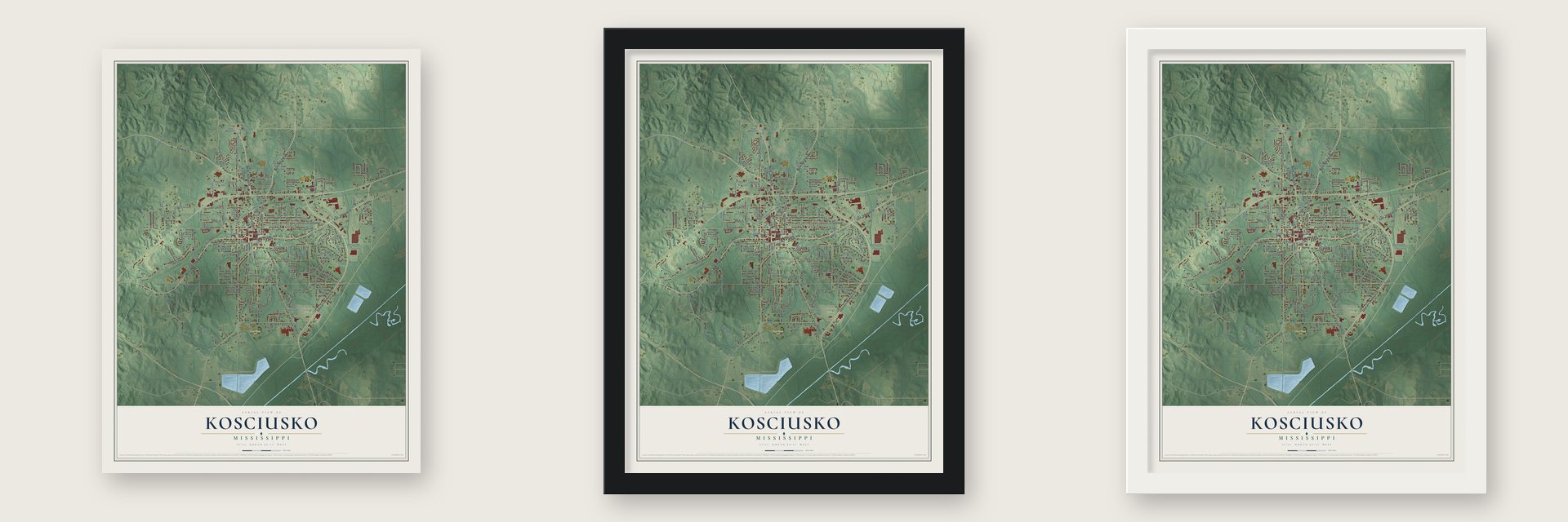 Kosciusko, Mississippi map unframed, in a black wood frame and in a white wood frame