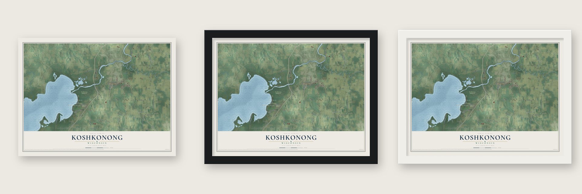 Koshkonong, Wisconsin map unframed, in a black wood frame and in a white wood frame