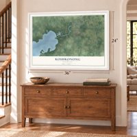 Koshkonong, Wisconsin map, 24 x 36 inch print in a white frame above a dresser by a staircase