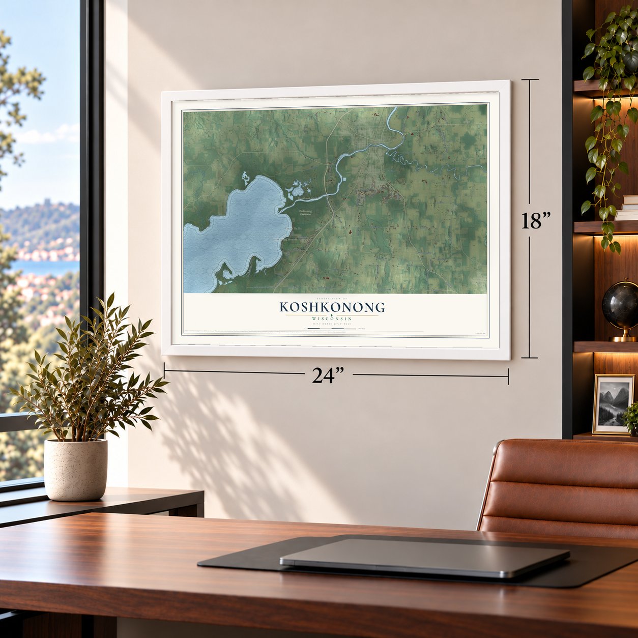 Koshkonong, Wisconsin map, 18 x 24 inch print in a white frame in a home office