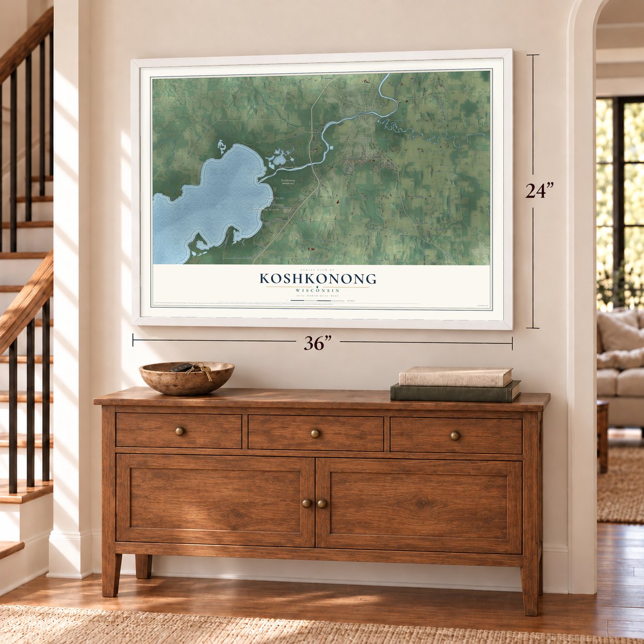 Koshkonong, Wisconsin map, 24 x 36 inch print in a white frame above a dresser by a staircase
