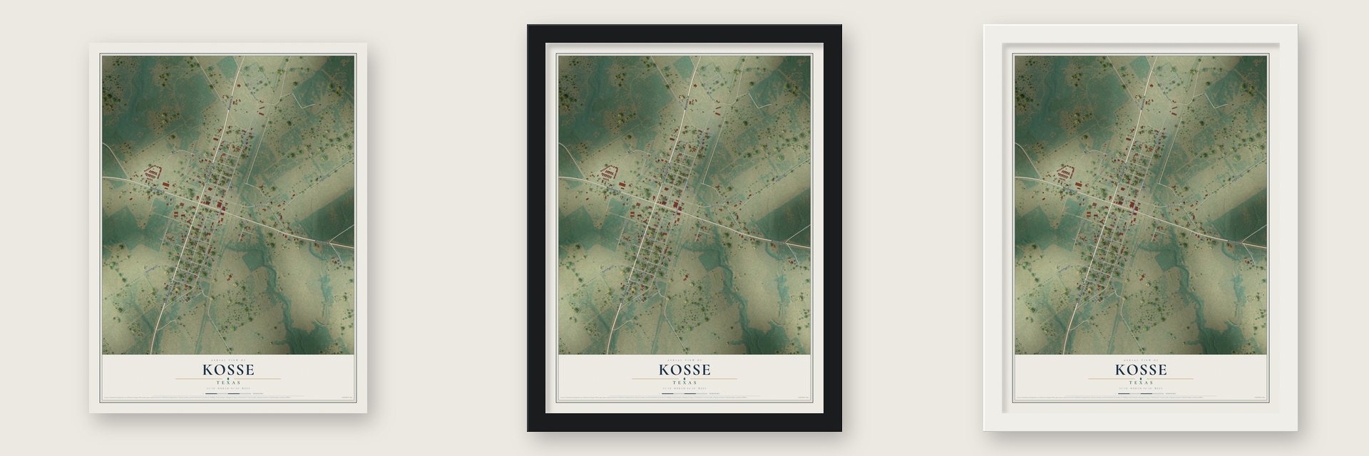 Kosse, Texas map unframed, in a black wood frame and in a white wood frame