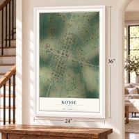 Kosse, Texas map, 24 x 36 inch print in a white frame by a staircase