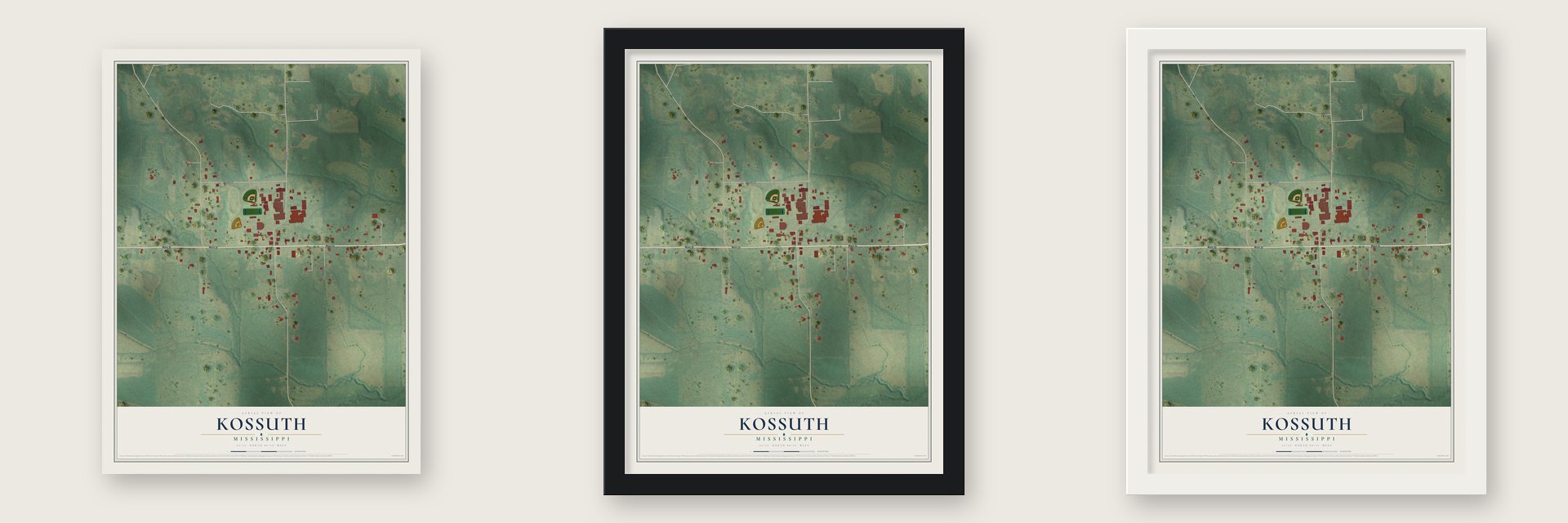 Kossuth, Mississippi map unframed, in a black wood frame and in a white wood frame