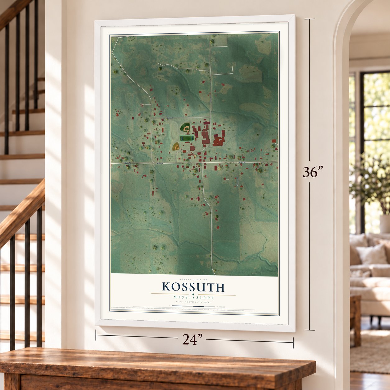 Kossuth, Mississippi map, 24 x 36 inch print in a white frame by a staircase