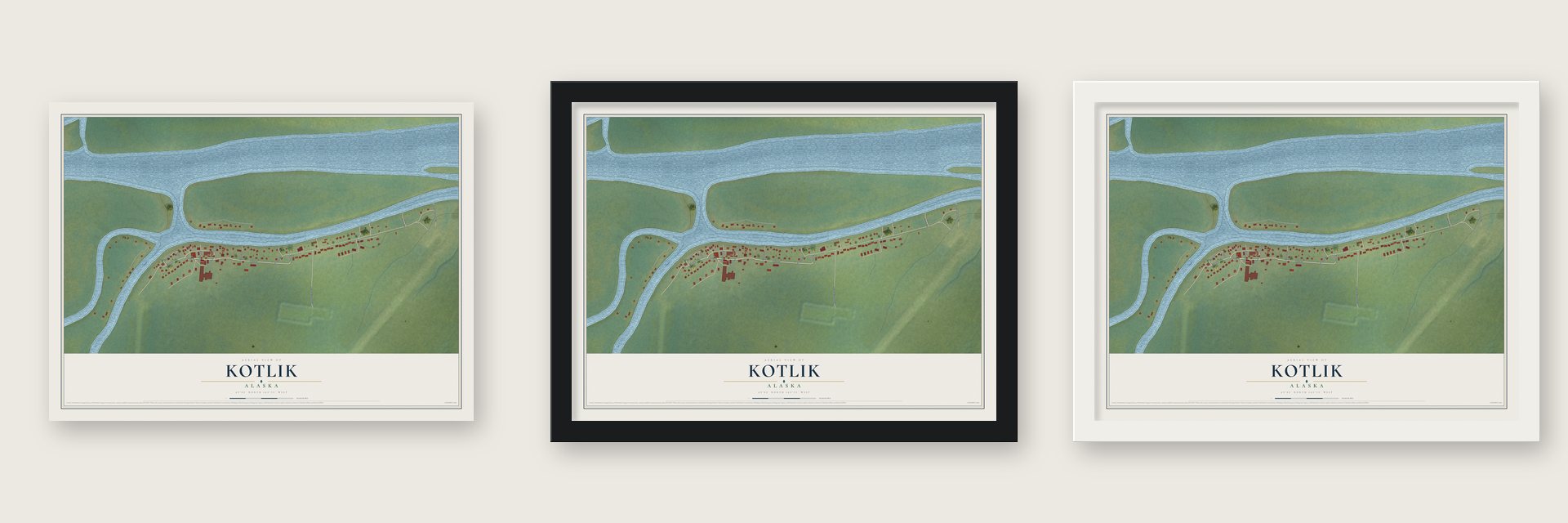 Kotlik, Alaska map unframed, in a black wood frame and in a white wood frame