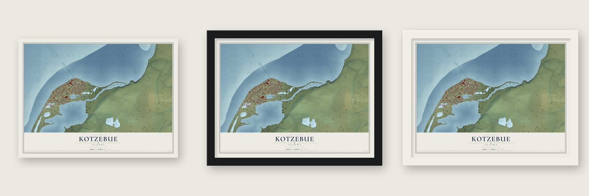 Kotzebue, Alaska map unframed, in a black wood frame and in a white wood frame