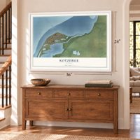Kotzebue, Alaska map, 24 x 36 inch print in a white frame above a dresser by a staircase