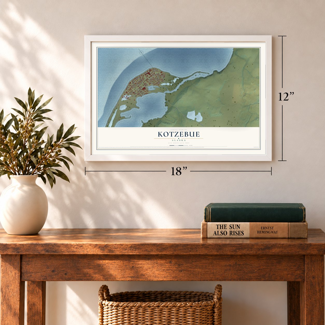 Kotzebue, Alaska map, 12 x 18 inch print in a white frame in an entryway