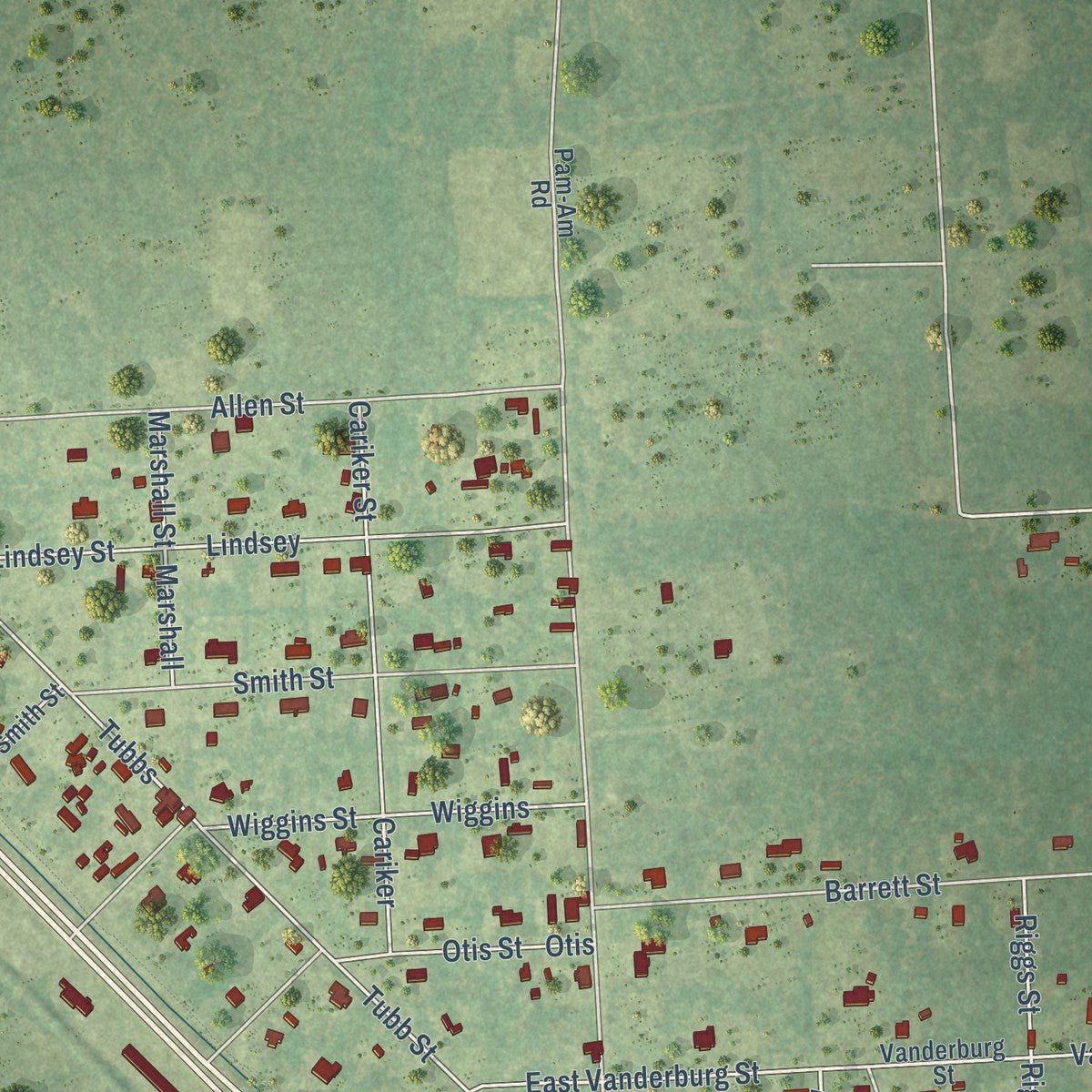 Second close-up of the map of Kountze, Texas print showing more streets and buildings