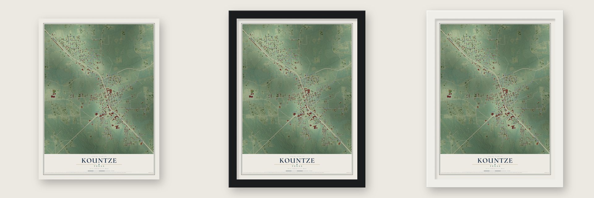 Kountze, Texas map unframed, in a black wood frame and in a white wood frame