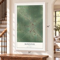 Kountze, Texas map, 24 x 36 inch print in a white frame by a staircase