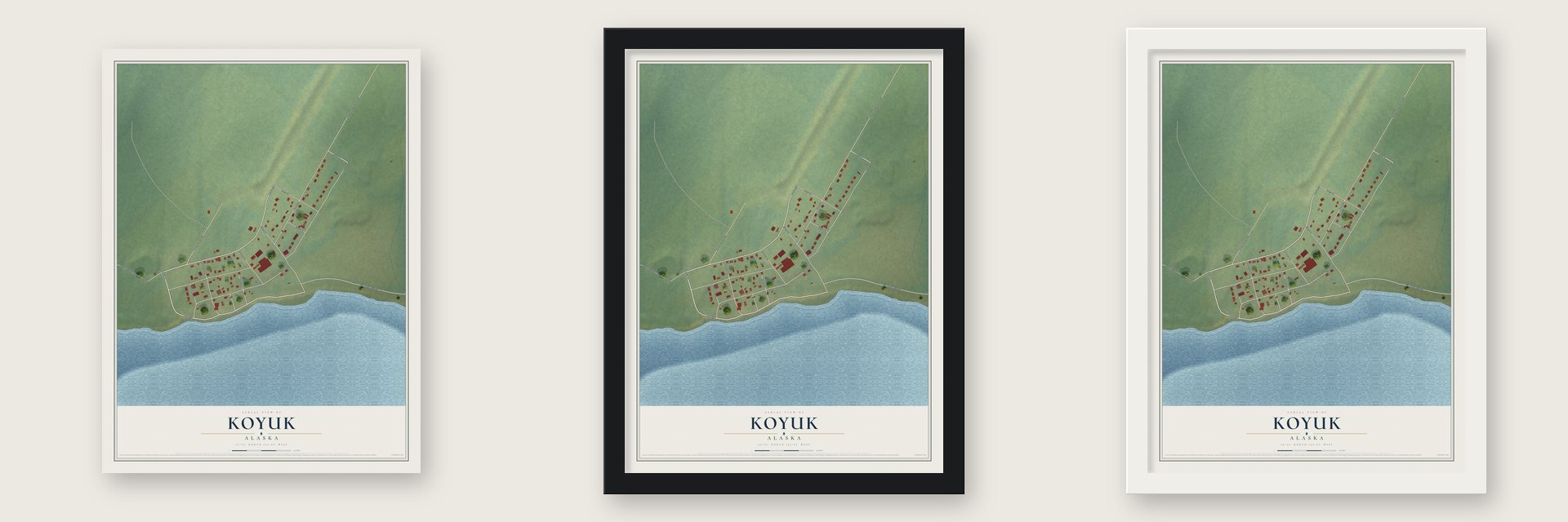 Koyuk, Alaska map unframed, in a black wood frame and in a white wood frame