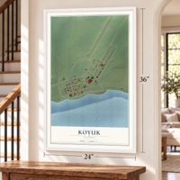 Koyuk, Alaska map, 24 x 36 inch print in a white frame by a staircase