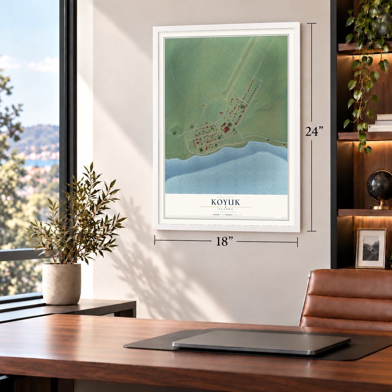 Koyuk, Alaska map, 18 x 24 inch print in a white frame in a home office