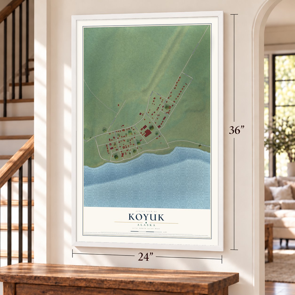 Koyuk, Alaska map, 24 x 36 inch print in a white frame by a staircase