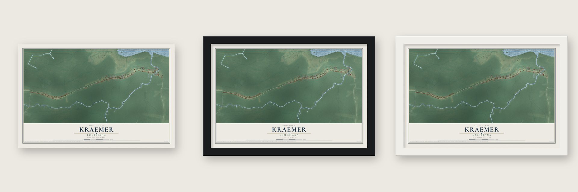 Kraemer, Louisiana map unframed, in a black wood frame and in a white wood frame