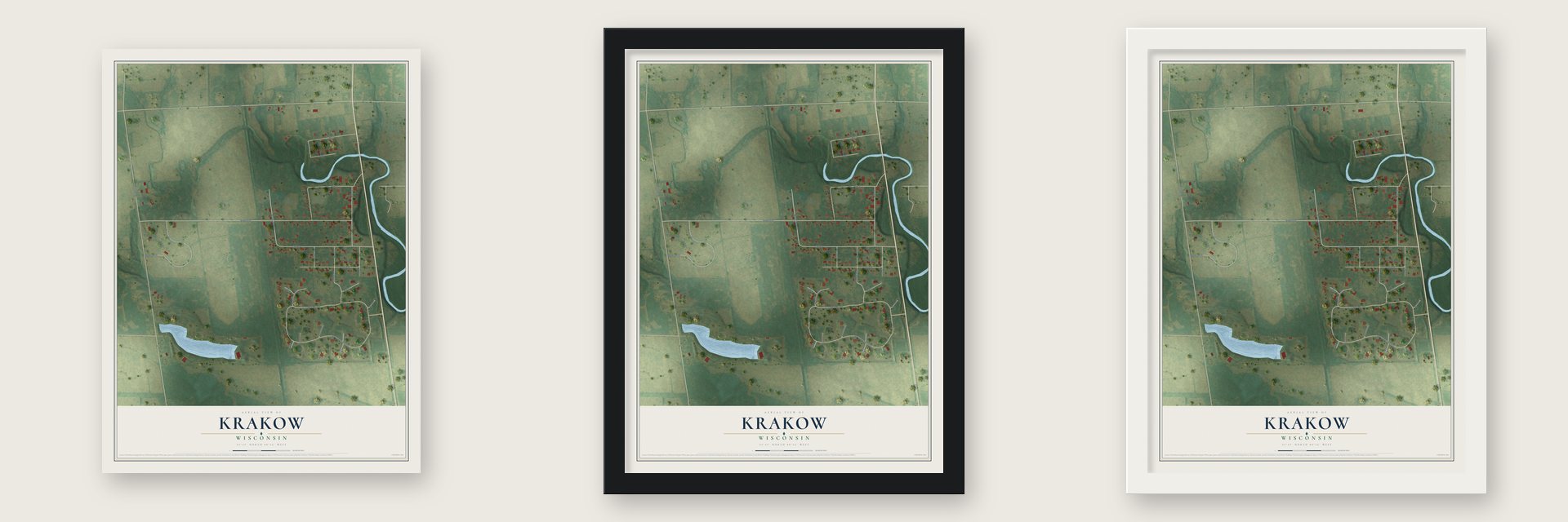 Krakow, Wisconsin map unframed, in a black wood frame and in a white wood frame