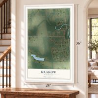 Krakow, Wisconsin map, 24 x 36 inch print in a white frame by a staircase