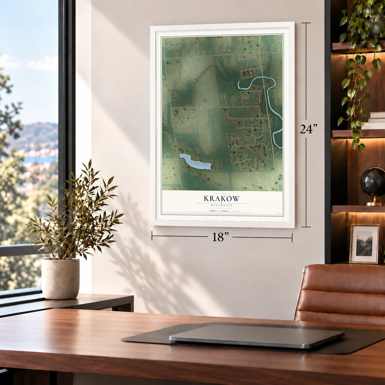 Krakow, Wisconsin map, 18 x 24 inch print in a white frame in a home office