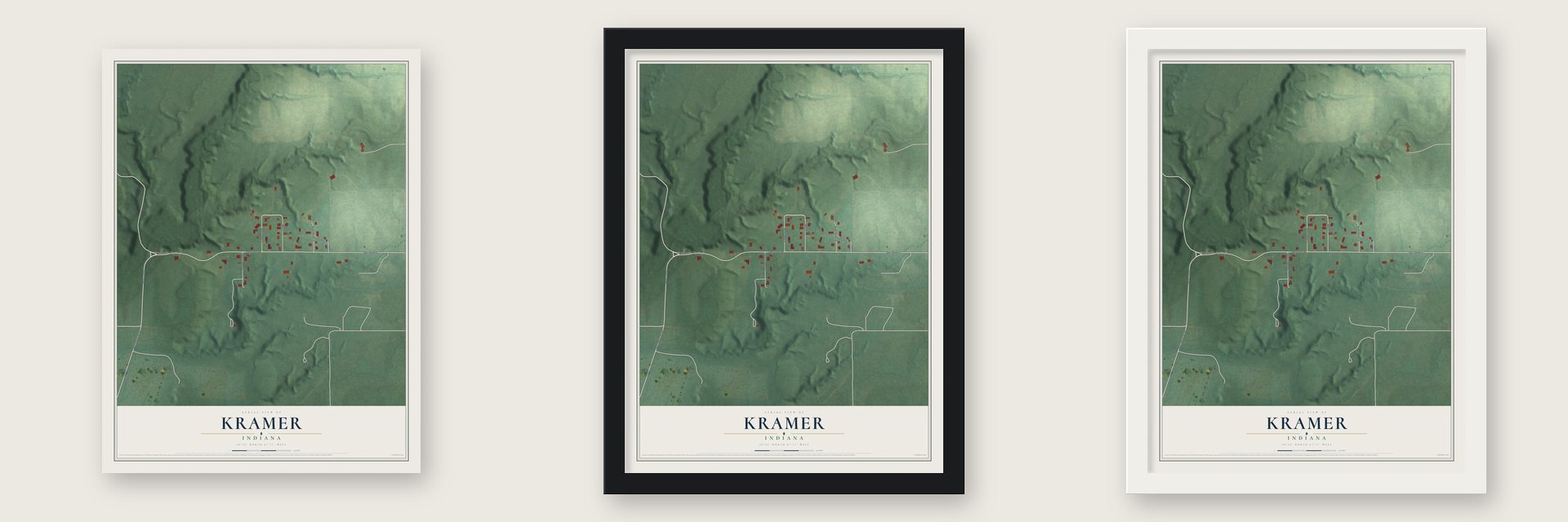 Kramer, Indiana map unframed, in a black wood frame and in a white wood frame