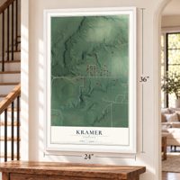 Kramer, Indiana map, 24 x 36 inch print in a white frame by a staircase