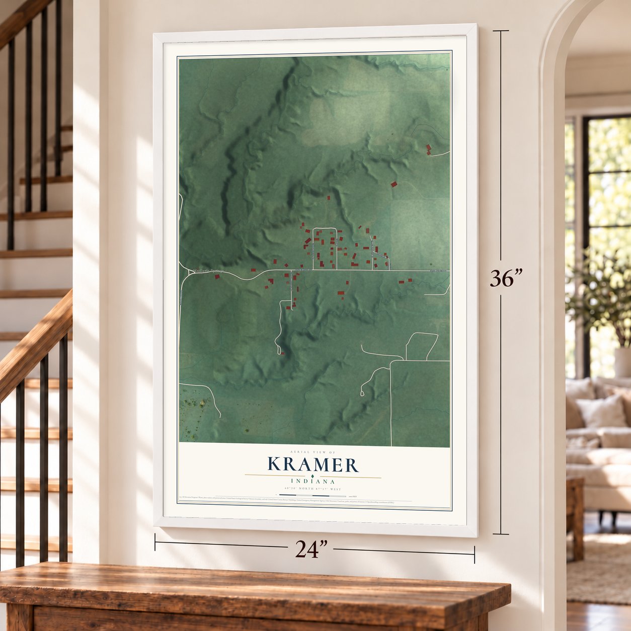 Kramer, Indiana map, 24 x 36 inch print in a white frame by a staircase
