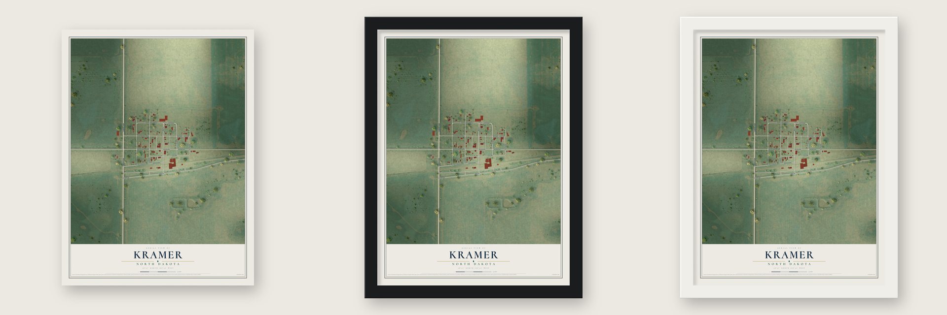 Kramer, North Dakota map unframed, in a black wood frame and in a white wood frame