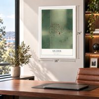 Kramer, North Dakota map, 18 x 24 inch print in a white frame in a home office