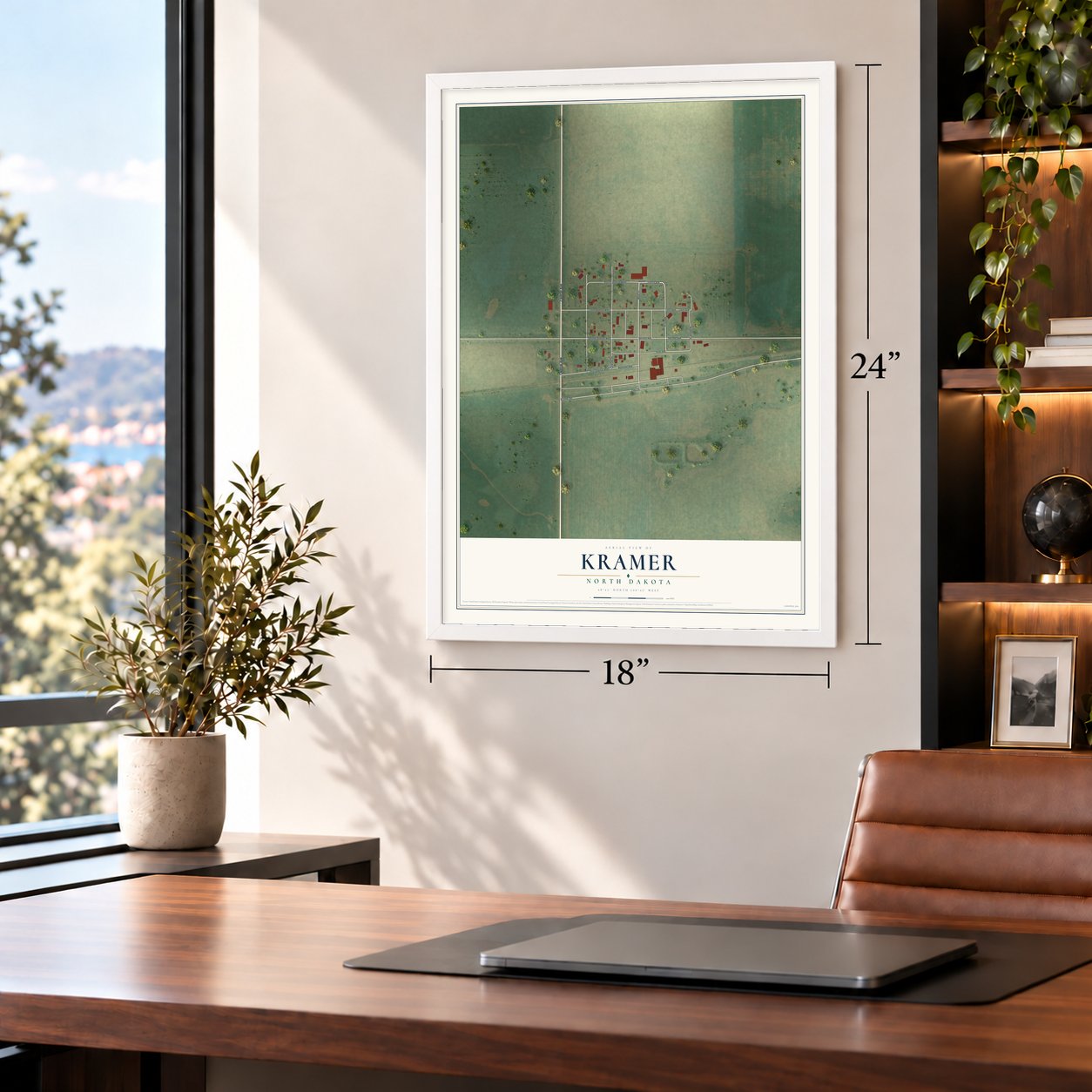 Kramer, North Dakota map, 18 x 24 inch print in a white frame in a home office