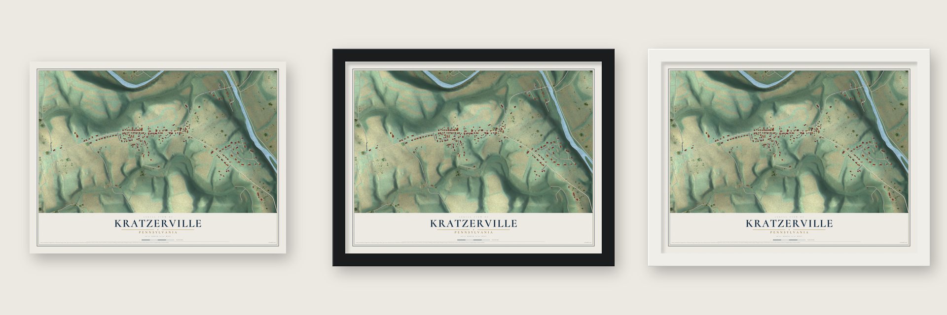 Kratzerville, Pennsylvania map unframed, in a black wood frame and in a white wood frame