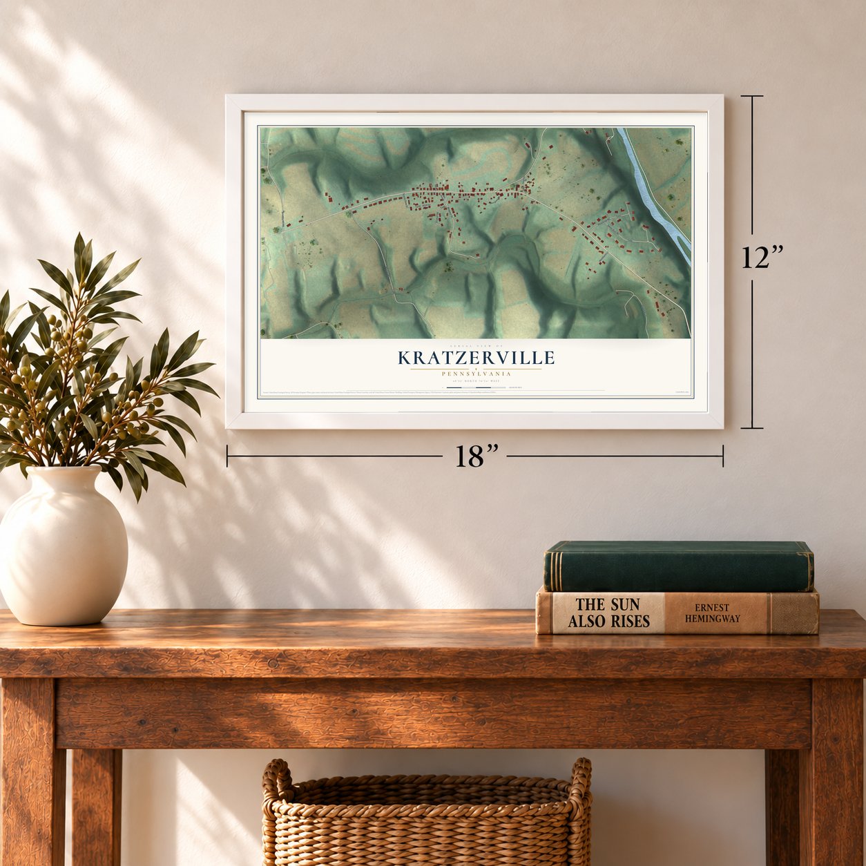 Kratzerville, Pennsylvania map, 12 x 18 inch print in a white frame in an entryway