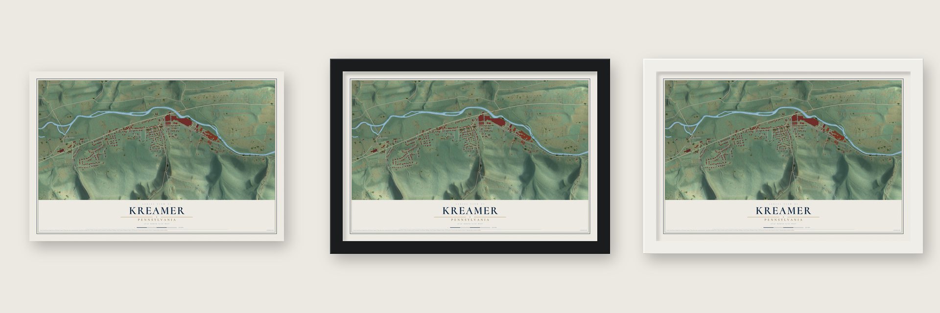 Kreamer, Pennsylvania map unframed, in a black wood frame and in a white wood frame