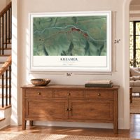 Kreamer, Pennsylvania map, 24 x 36 inch print in a white frame above a dresser by a staircase
