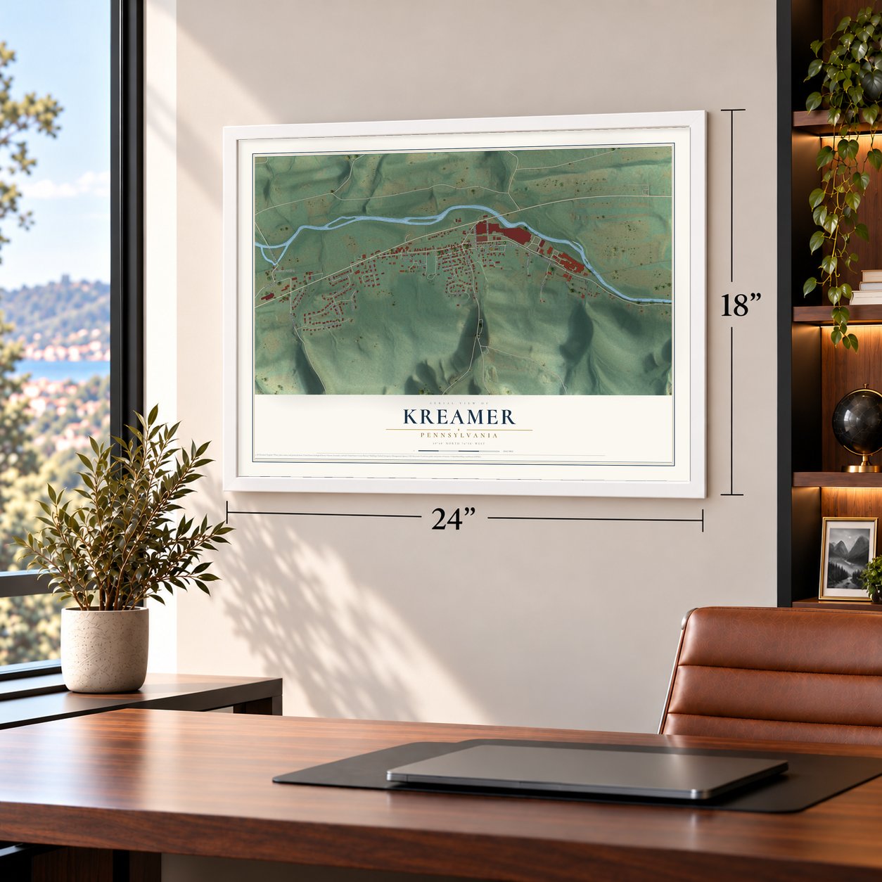 Kreamer, Pennsylvania map, 18 x 24 inch print in a white frame in a home office
