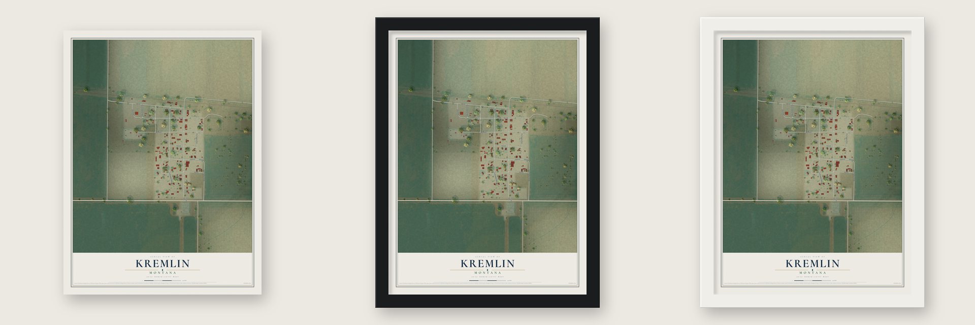 Kremlin, Montana map unframed, in a black wood frame and in a white wood frame