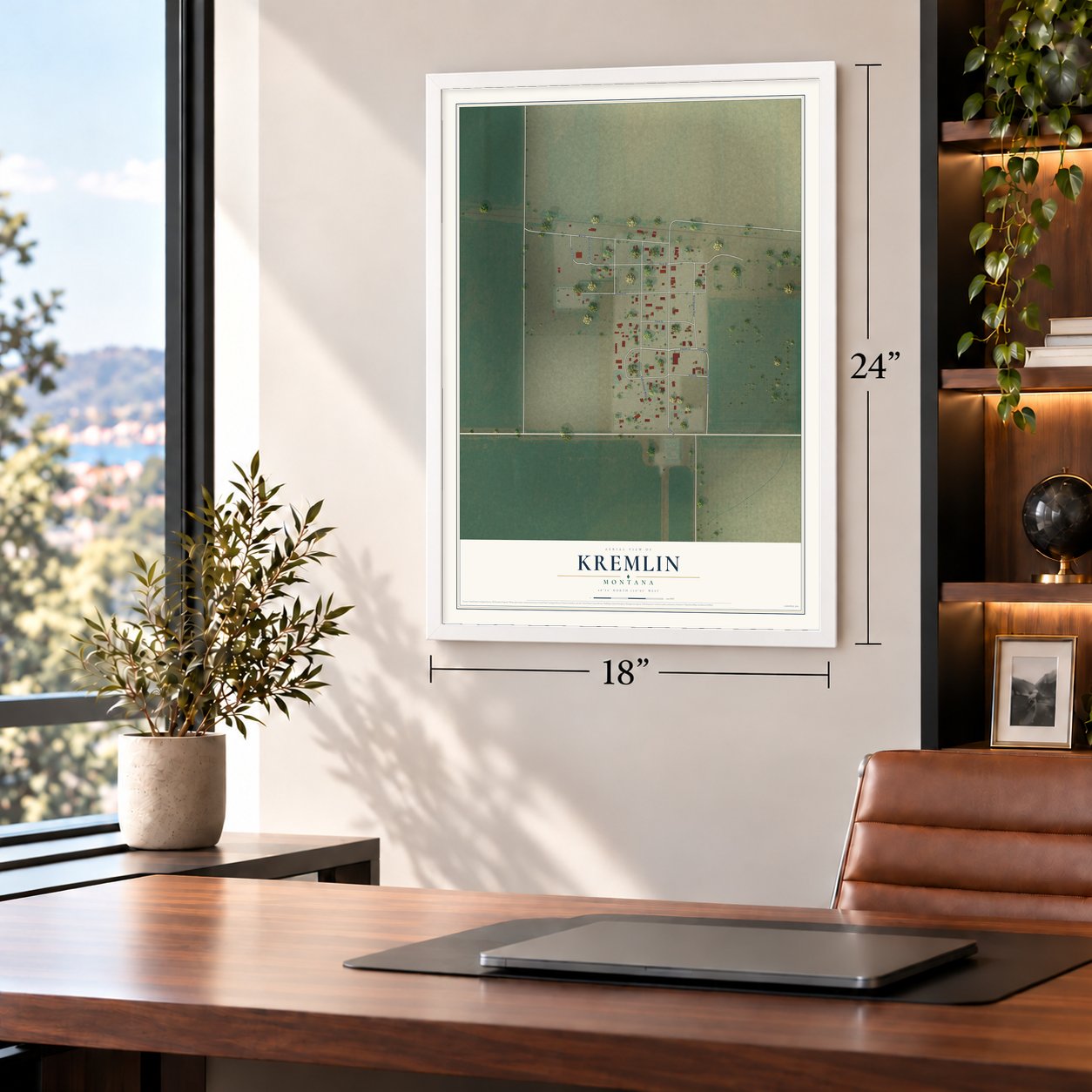 Kremlin, Montana map, 18 x 24 inch print in a white frame in a home office