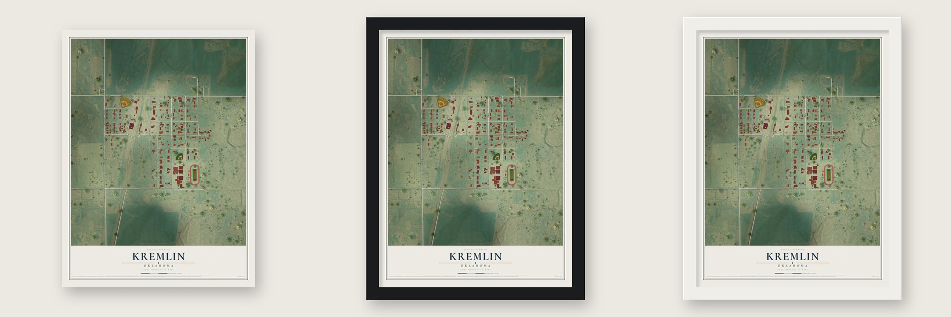 Kremlin, Oklahoma map unframed, in a black wood frame and in a white wood frame