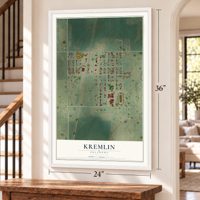 Kremlin, Oklahoma map, 24 x 36 inch print in a white frame by a staircase