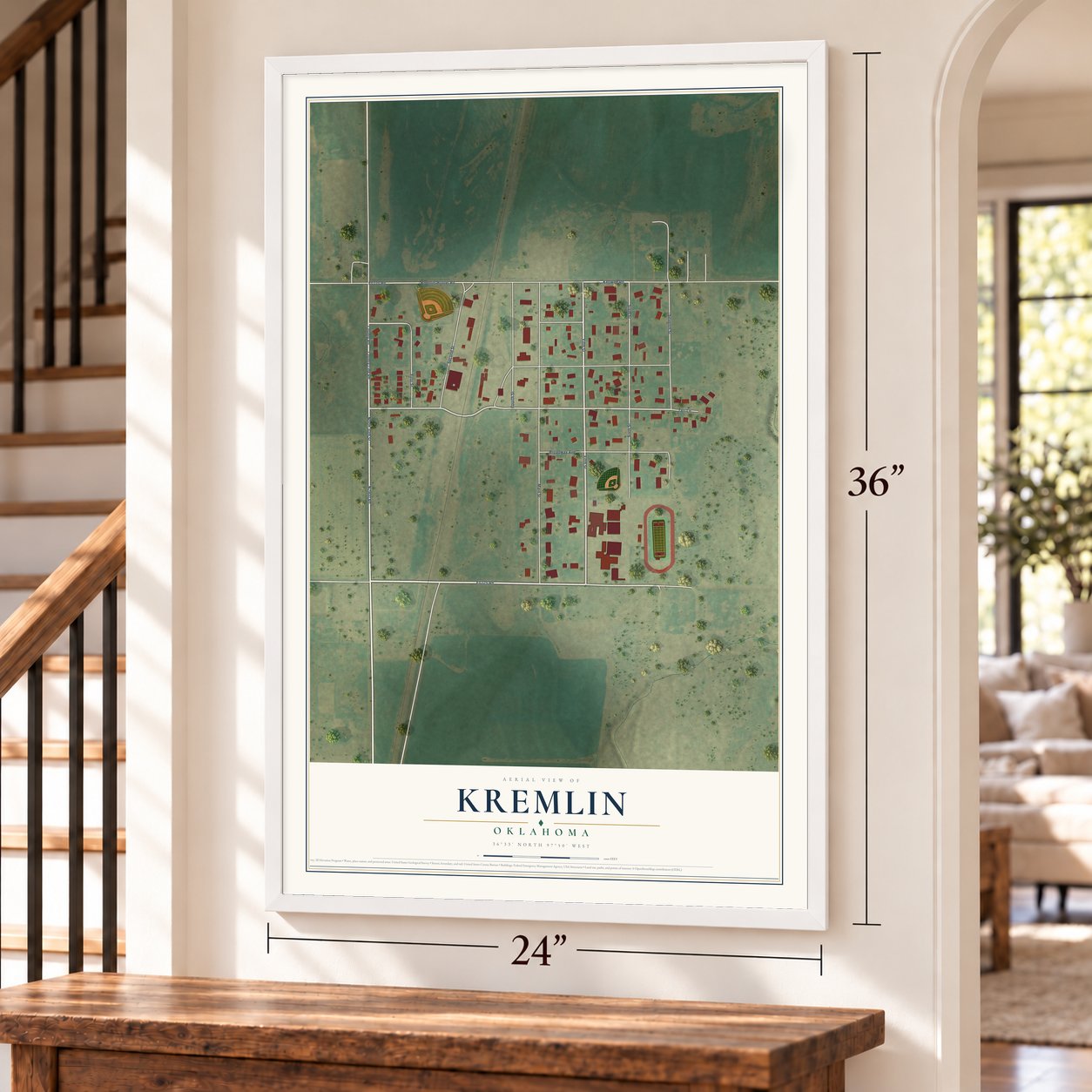 Kremlin, Oklahoma map, 24 x 36 inch print in a white frame by a staircase