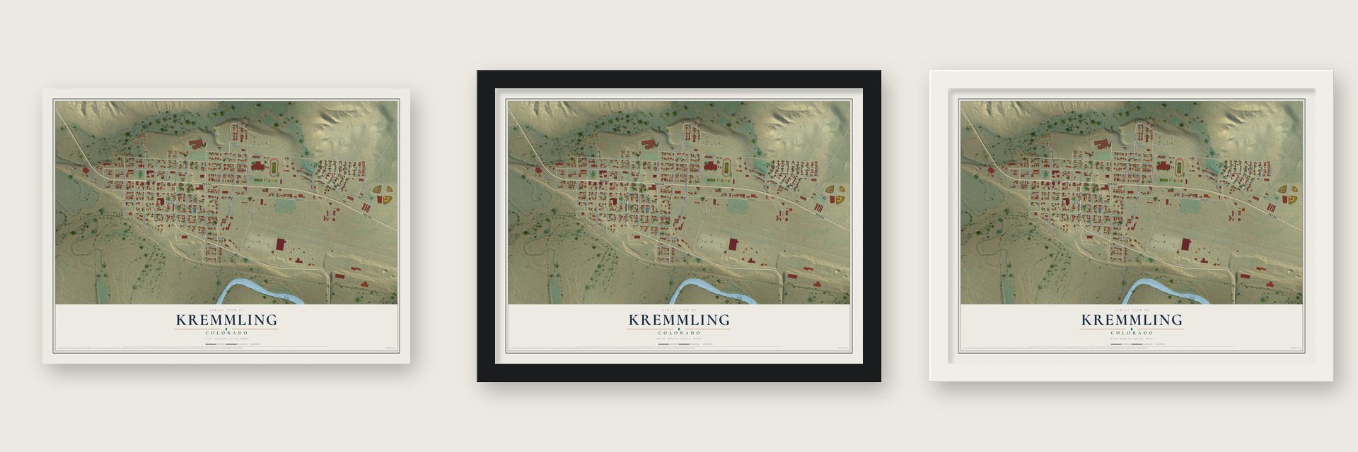 Kremmling, Colorado map unframed, in a black wood frame and in a white wood frame