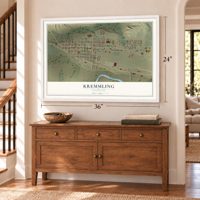 Kremmling, Colorado map, 24 x 36 inch print in a white frame above a dresser by a staircase