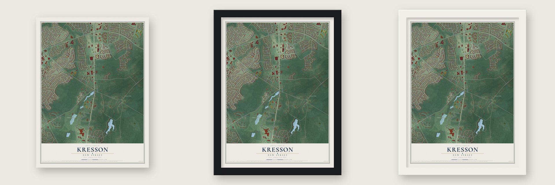Kresson, New Jersey map unframed, in a black wood frame and in a white wood frame